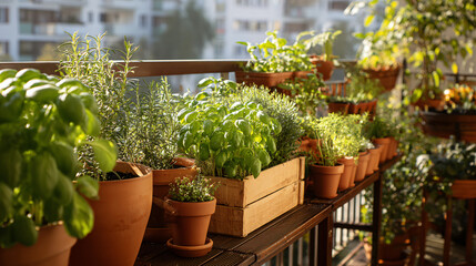 Sunlit balcony herb garden with potted basil, rosemary, and thriving green plants bathed in golden morning light