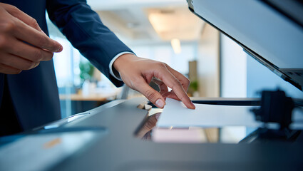 Photo of a hand places a document on a photocopy machine in a modern office