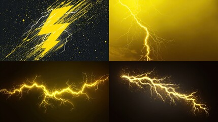 A collage features four yellow lightning bolt images against varying backgrounds with streaks and particles