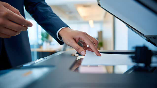 Photo of a hand places a document on a photocopy machine in a modern office