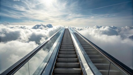 Obraz premium Endless outdoor escalator ascending into sky with clouds ideal for surreal journey concepts
