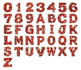 3D numbers and letters text made of strawberries isolated on a white transparent background