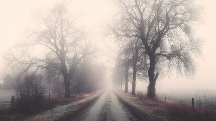 Fototapeta premium Long country road disappearing into dense fog, flanked by leafless trees and a faint rural house