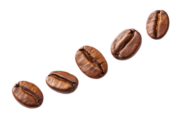 Five roasted coffee beans arranged in a staircase pattern isolated on transparent background