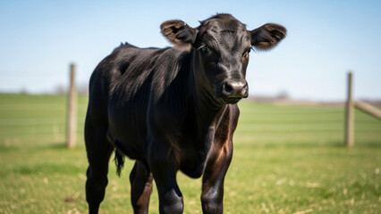 A young black calf stands in a green grassy field png