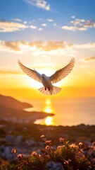 Naklejka premium A white dove soars above a golden sunset over a tranquil coastline