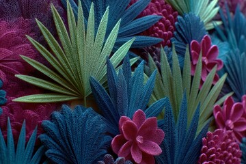 Botanical Harmony: A vibrant tapestry of stylized floral and foliage elements intertwines in a symphony of lush colors, celebrating nature's artistry.