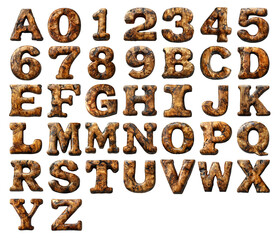 3D numbers and letters text made of Wallnut Wood isolated on a white transparent background