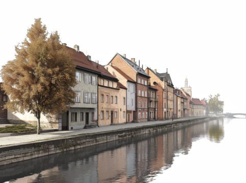 Scenic European canal view with historic buildings and reflections in Bruges and Amsterdam