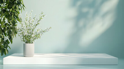 Serene display featuring white vase with delicate flowers against soft mint green background, creating calming atmosphere