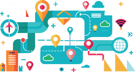 Fototapeta premium This collection of images depicts illustrations of route maps, often featuring winding paths, destination markers, and a sense of navigation