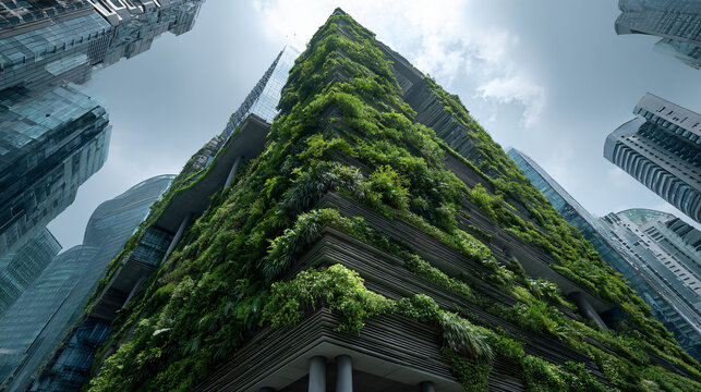 Modern eco-friendly skyscraper covered with lush greenery rising above a vibrant urban skyline - Powered by Adobe