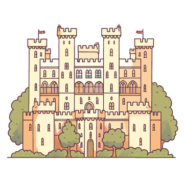 Illustrated fairytale castle with towers flags windows and surrounding trees