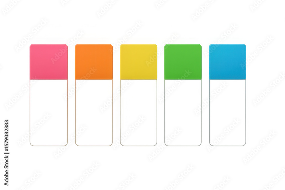 Poster five colorful sticky notes with a transparent background represent progress steps or different stage