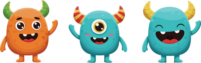 Colorful cartoon monsters with horns waving and smiling, cute fantasy creatures illustration, kids character design for games, books, animation