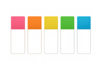 Five colorful sticky notes with a transparent background represent progress steps or different stages of a project