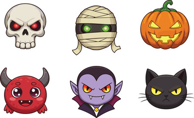 Cute Halloween cartoon icons of skull, mummy, pumpkin, demon, vampire, black cat, spooky monster face, vector emoji illustration, scary set