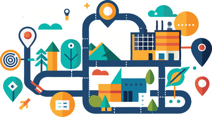 Naklejka premium This collection of images depicts illustrations of route maps, often featuring winding paths, destination markers, and a sense of navigation
