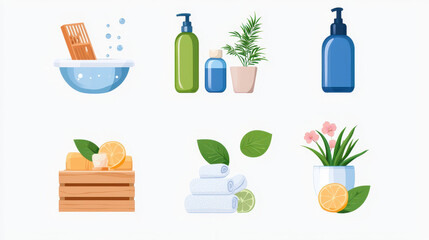 Spa and relaxation items including bottles, towels, and plants create soothing atmosphere for self care and rejuvenation