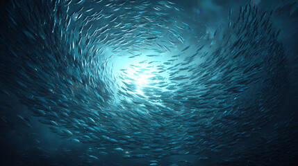 A large school of fish swims in a mesmerizing circular formation under the ocean, illuminated by rays of light filtering through the deep blue water.
