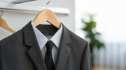Stylish suit hanging on wooden hanger, showcasing modern design with crisp white shirt and black tie, perfect for formal occasions