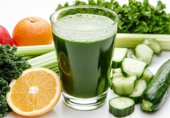 Fototapeta premium healthy green vegetable juice blend with orange, cucumber, kale and celery, cold pressed juice, detox drink, superfood drink boost immunity