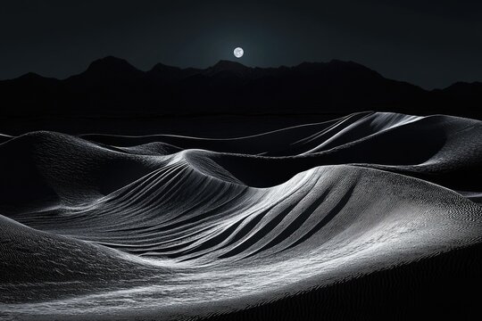 Serene moonlit desert landscape, sand dunes sculpted by wind under a full moon.