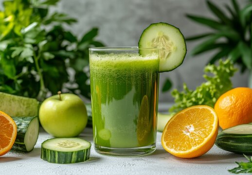 healthy green vegetable juice blend with orange, cucumber, kale and celery, cold pressed juice, detox drink, superfood drink boost immunity