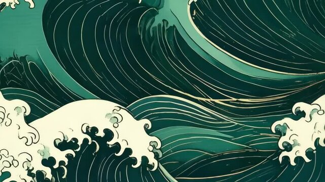 Artistic ocean waves illustration with dark green rolling tides and white foam crests in Japanese style for backgrounds