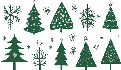 Obraz premium Christmas Tree and Snowflake Border Pattern in Green on White Background