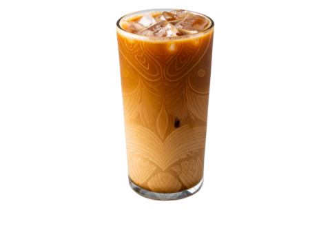 Tall glass of iced coffee with milk and ice cubes, front view isolated on transparent background PNG