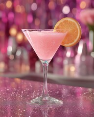 Refreshing pink cocktail in a martini glass adorned with an orange slice set against a blurred, glittering backdrop