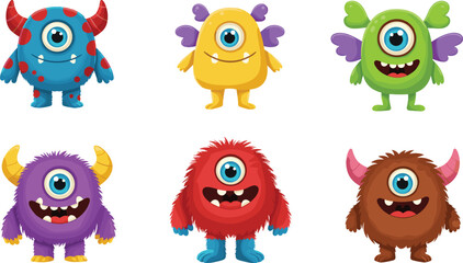 Fototapeta premium Cute colorful one-eyed cartoon monsters set, isolated vector illustration, playful fantasy characters, funny creatures with horns, wings, furry bodies, smiles