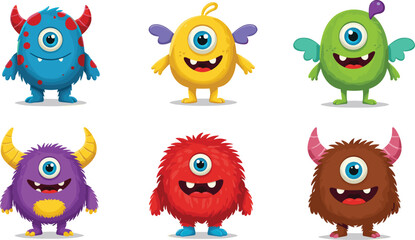 Cute colorful cartoon monsters collection, funny one-eyed characters with wings, horns, and fur, isolated vector illustration for children designs