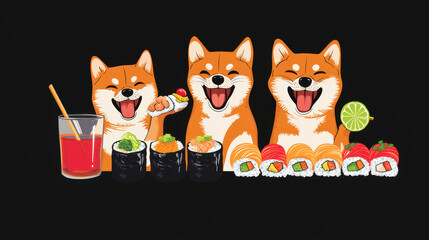 Sushi Shiba Inu dogs enjoying sushi and drinks, showcasing fun and playful atmosphere. Their joyful expressions add to delightful scene