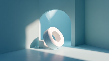 Light-filled, minimalist, pastel-blue room with white, archway, and circles