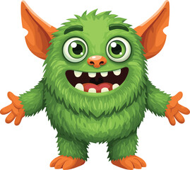 Cute green furry monster with big ears, happy smile, wide eyes, cartoon creature, fantasy character, fun design for kids © merajul