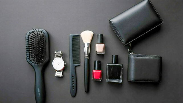 Black beauty and accessory items arranged on dark surface