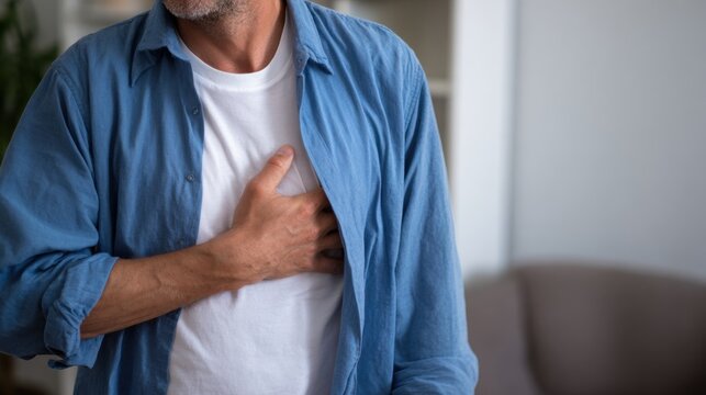 Man experiencing chest pain holds his hand over his heart, showing look of concern. setting appears to be comfortable indoor space, emphasizing seriousness of situation