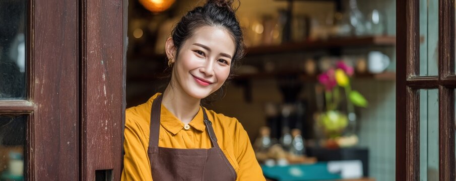 A smiling woman wearing an apron stands at a doorway, suggesting she might be a barista or shop owner in a warm, inviting cafe setting.
