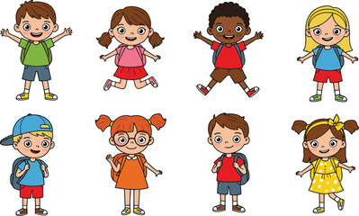 Happy cartoon school children with backpacks, smiling kids standing, colorful outfits, cute boys and girls, education, learning, back to school