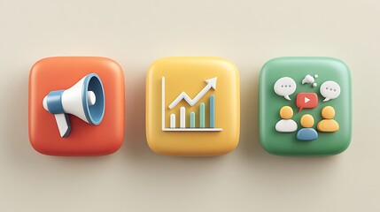 Digital Marketing Icons, Advertising Symbol Set, Social Campaign Visuals, Brand Strategy Vector Elements, Lead Generation Graphics | A Horizontal Set Of 3 Icons Placed Evenly On White Background