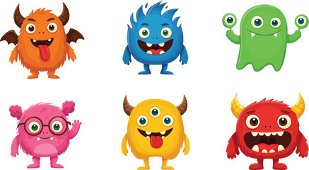 Funny cartoon monster collection, colorful cute fantasy creatures with big eyes, horns, tongue out, vector illustration, isolated character design