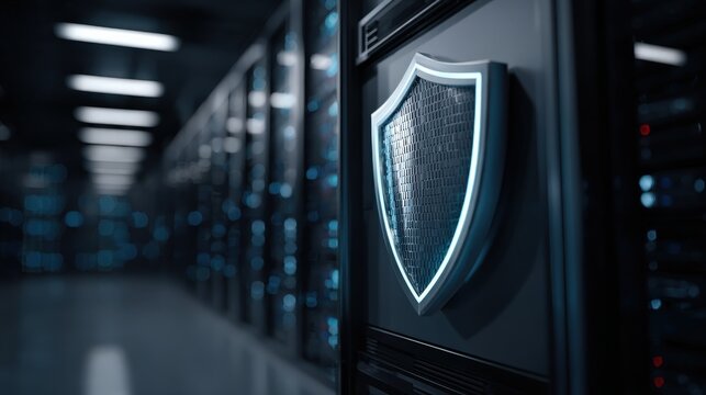 A digital shield icon symbolizes cybersecurity protection within a server room filled with data racks and network equipment. - Powered by Adobe
