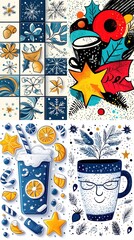 Festive, vibrant illustrations with various winter themes flowers, mugs, drinks, and patterns, in a collage
