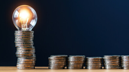 Stack of coins with glowing light bulb on top symbolizes financial growth and innovation. image conveys sense of inspiration and potential