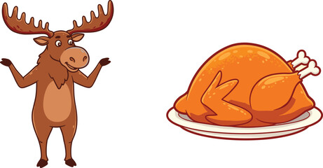 Funny cartoon moose confused, standing near roasted chicken on plate, humorous animal illustration, food concept, vector clipart, white background