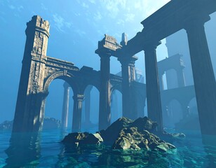 Ruined coastal pillars in a hazy sea
