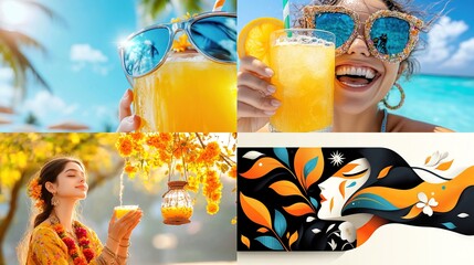 Four images Orange juice, smiling woman, Indian woman, artistic illustration of a woman with foliage