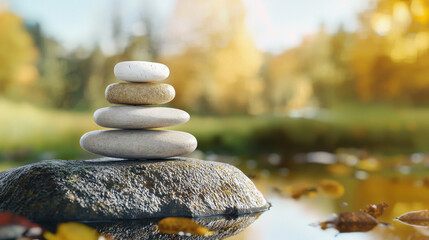 Serene stack of smooth stones rests on rock by tranquil pond, surrounded by autumn foliage and soft sunlight, evoking peace and balance